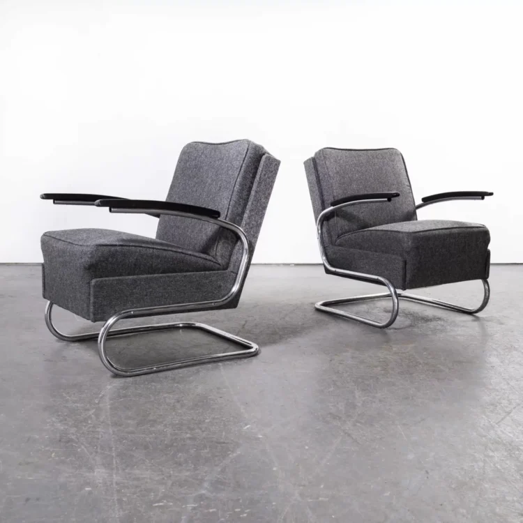 1930’s Pair Of Mucke Melder Original Armchairs – Fully Restored (Grey Herringbone)