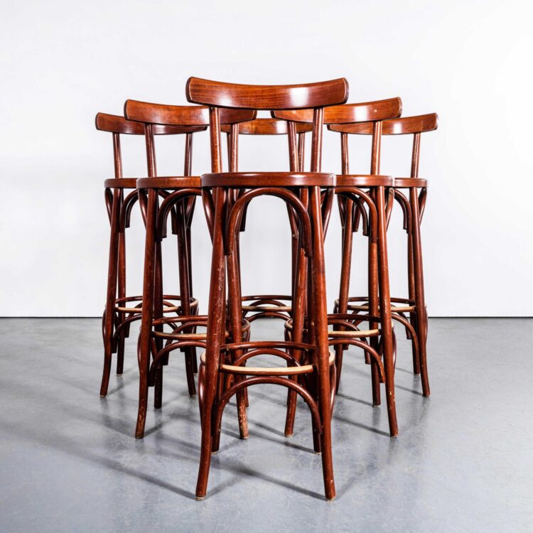 Originele Franse gebogen houten hoge barstoelen uit de jaren 60 - set van zes