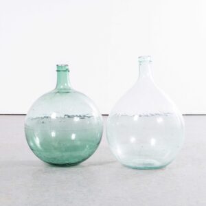 Vintage French Round Clear & Light Green Glass Demijohns - Pair