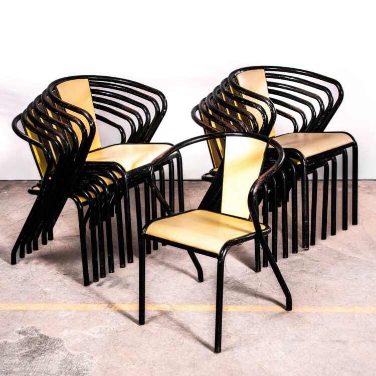 1950’s T37 Original Tolix Yellow And Black Armchairs – Set Of Thirteen