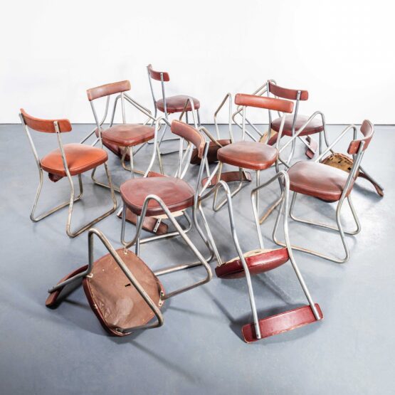 1950’s French Red Upholstered Dining Chairs By Roneo – Set Of Fourteen
