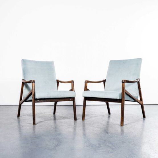 1950’s Jaroslav Smidek Original Re-Upholstered Armchairs In Duck Egg Blue – Pair