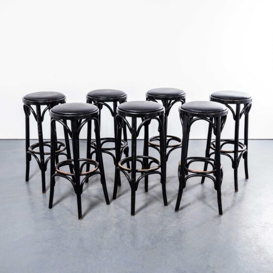 1970’s Tall Ebonised Upholstered Bar Stools – Set Of Seven