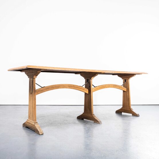 1950’s Large French Oak Chapel Table With Arched Supports