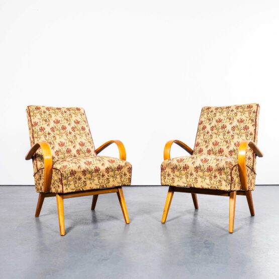 1950’s Jaroslav Šmídek Original Armchairs In Jacquard Floral – Pair