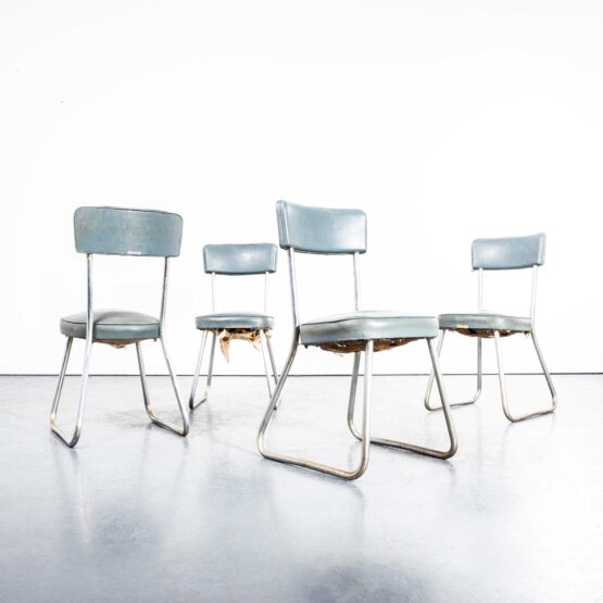 1950’s French Duck Egg Blue Upholstered Dining Chairs By Roneo – Set Of Four
