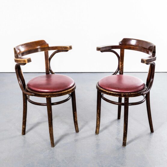 1960’s Original Vintage Bentwood Dining Armchairs – Open Back With Red Padded Seats – Pair