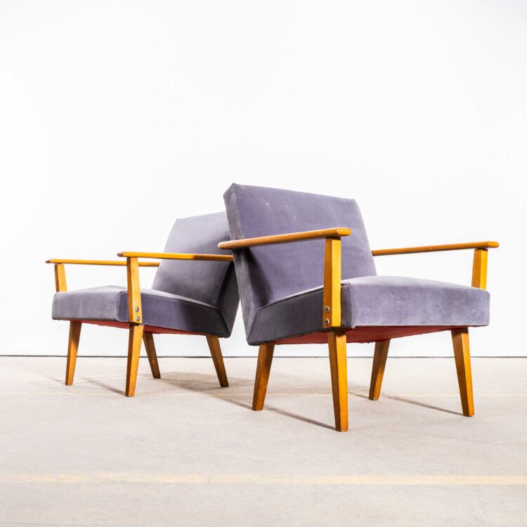 1950’s Mid Century Upholstered Grey Armchairs With Straight Arms