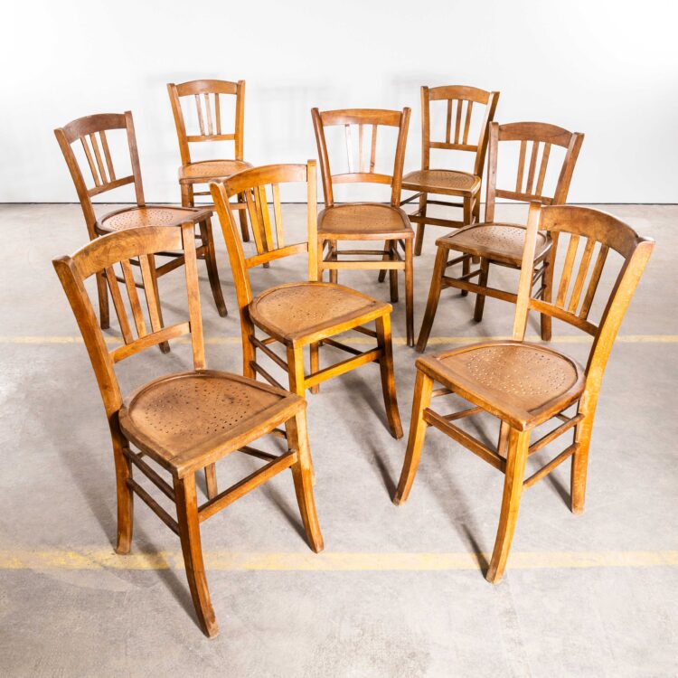1930’s French Farmhouse Perforated Seat Dining Chairs – Set Of Eight