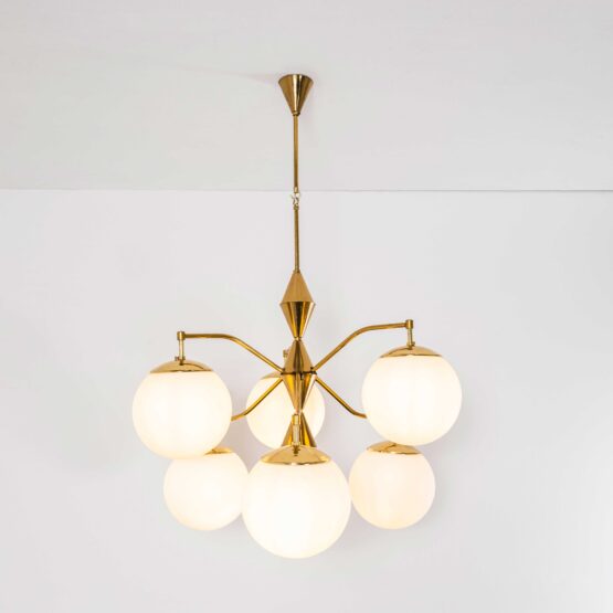 1950’s Original Brass Cone And Opal Globe Pendant Chandelier