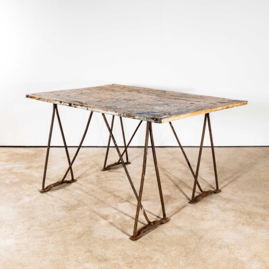 1940’s Artists High Console Table – Forged Iron Trestle Bases