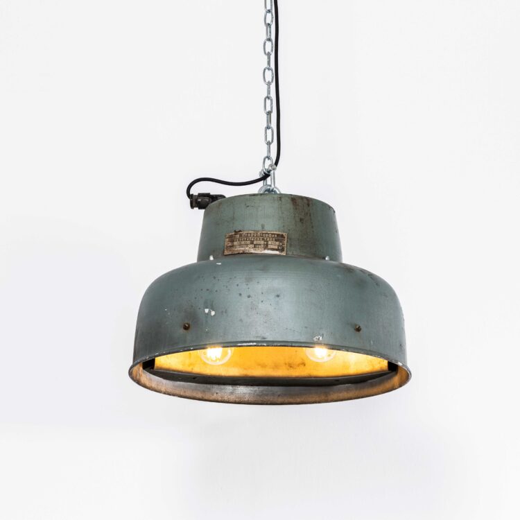 1950’s Large Industrial Warehouse Aqua Pendant Lamps