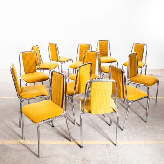 1980’s Mustard Yellow Upholstered Chrome Framed Stacking Dining Chairs – Set Of Fourteen