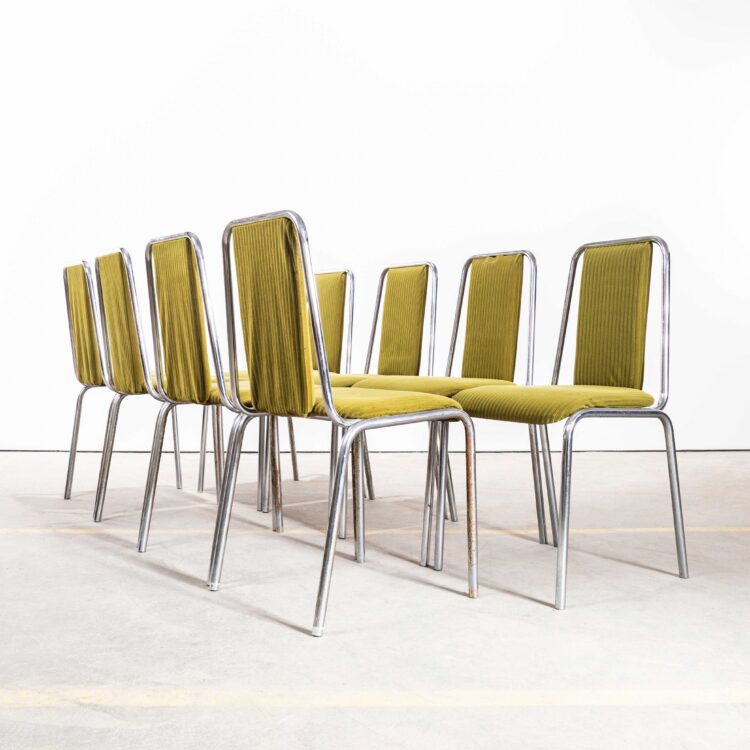 Sedie da pranzo impilabili con struttura cromata e rivestimento verde oliva anni '80 - Set di otto