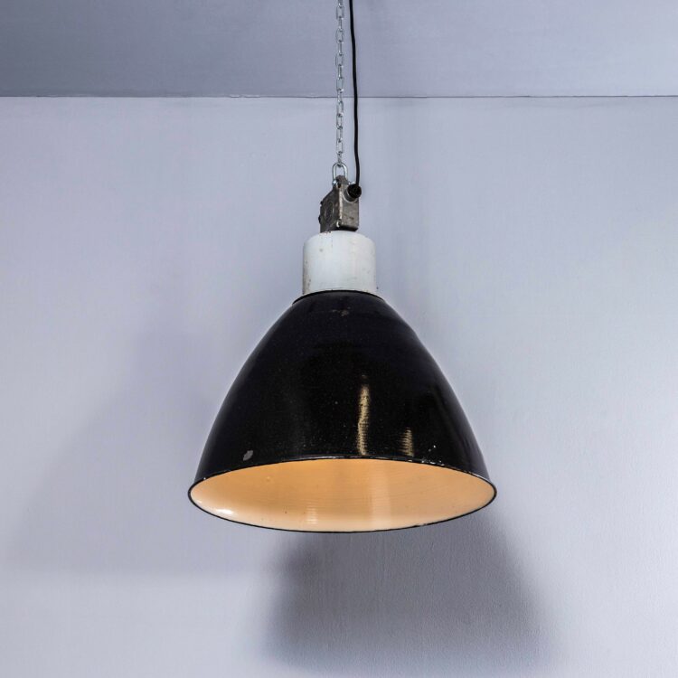 1960’s Very Large Industrial Black Enamel Ceiling Pendant Lamps