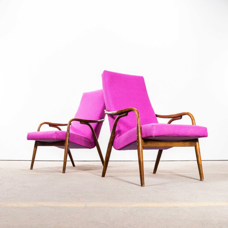 1950’s Mid Century Pink Upholstered Armchairs With Straight Arms and Top Caps