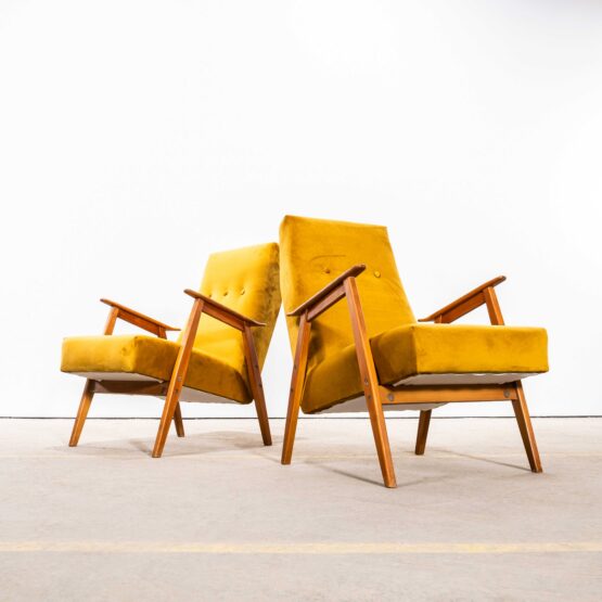 1950’s Mid Century Upholstered Mustard Armchairs With Straight Arms and Top Caps