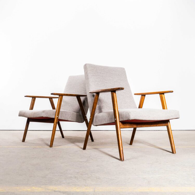 1950’s Mid Century Upholstered Armchairs With Straight Arms and Top Caps In Grey Brushed Cotton