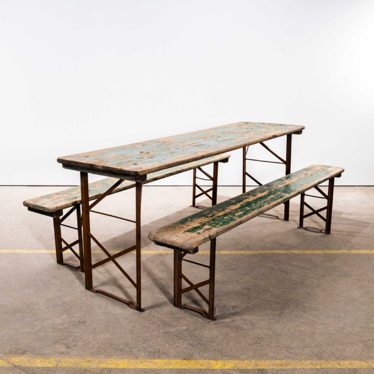 1950’s Green Ex Army Large French Folding Bench & Table Set