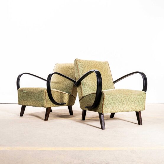 1960’s Jindrich Halabala Original Armchairs – Olive Green With Line Pattern