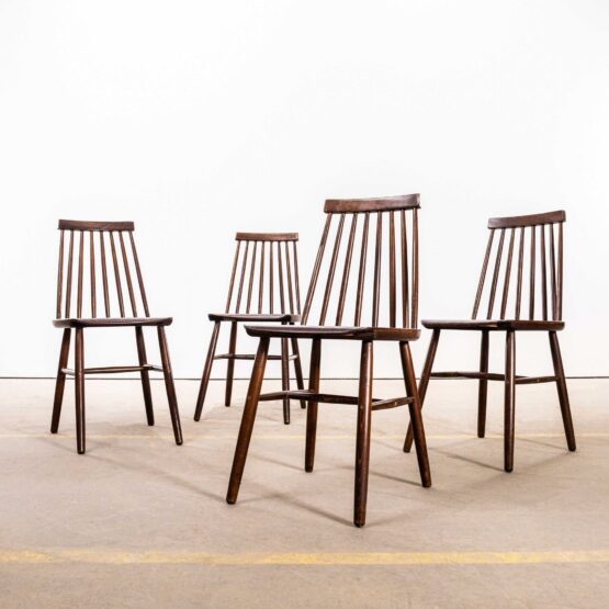 1950’s Rich Oak Café Spindle Back Dining Chairs – Set Of Four