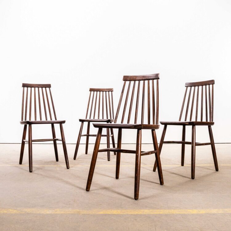 1950’s Rich Oak Café Spindle Back Dining Chairs – Set Of Four
