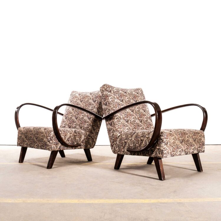 1950’s Jindrich Halabala Armchairs In Original Floral Jacquard Fabric
