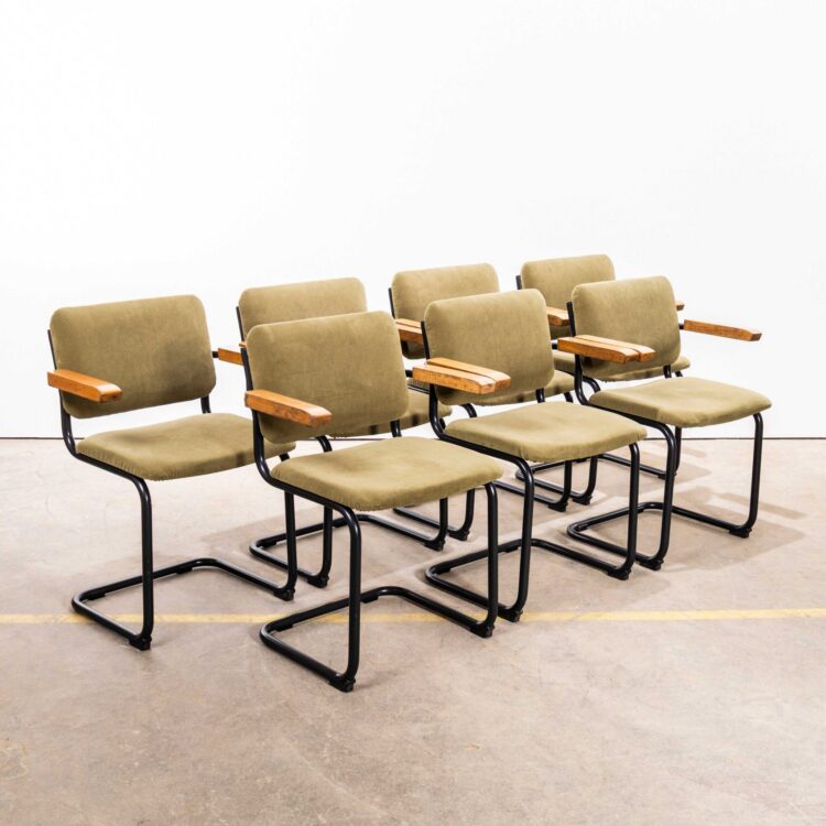 1970’s Cantilever Peninsular Blue Frame Dining Chairs With Sage Green Upholstery – Set Of Seven