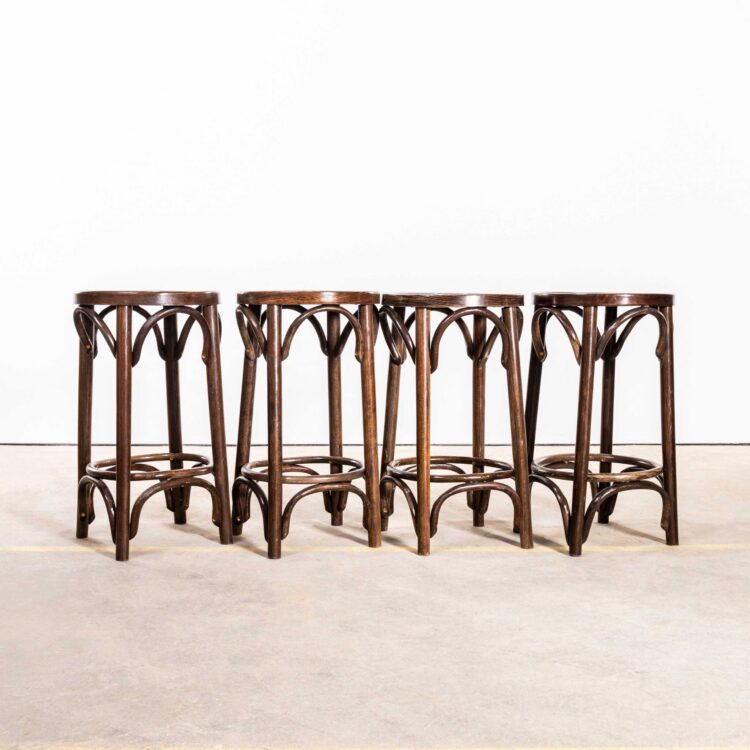 1970’s Dark Oak Low Bentwood Bar Stools – Set Of Four