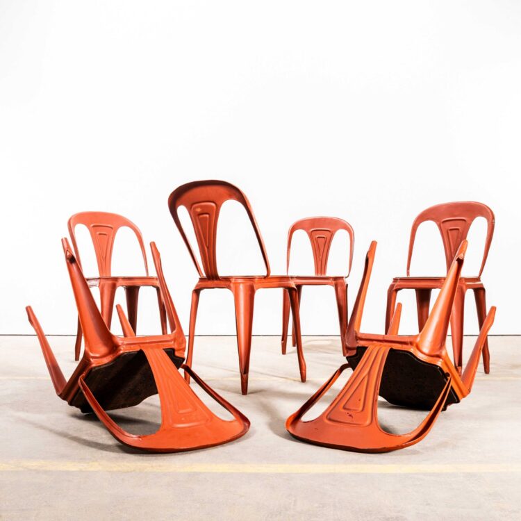 1950’s Original French Tomato Red Multipl’s Dining Chairs – Set Of Six